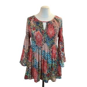 Spense Floral Smocked Pleated Peasant Top